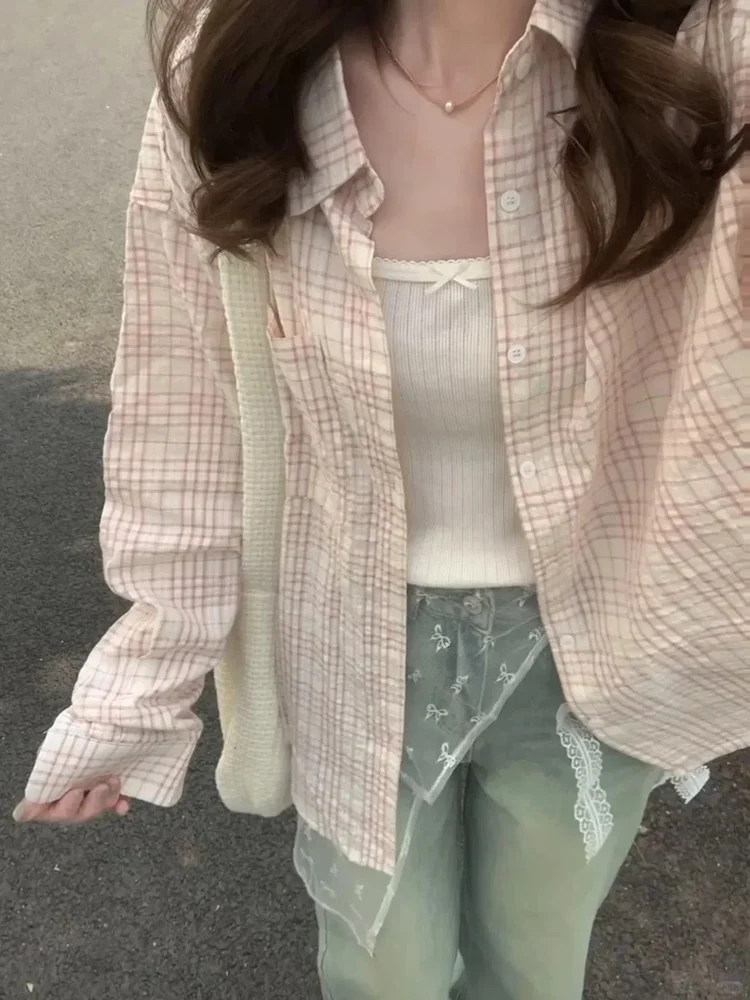 Women's Pink Sweet Checkered Shirt Summer Korean Fashion Design Street Casual Loose Women Striped Sun Protection Open Top