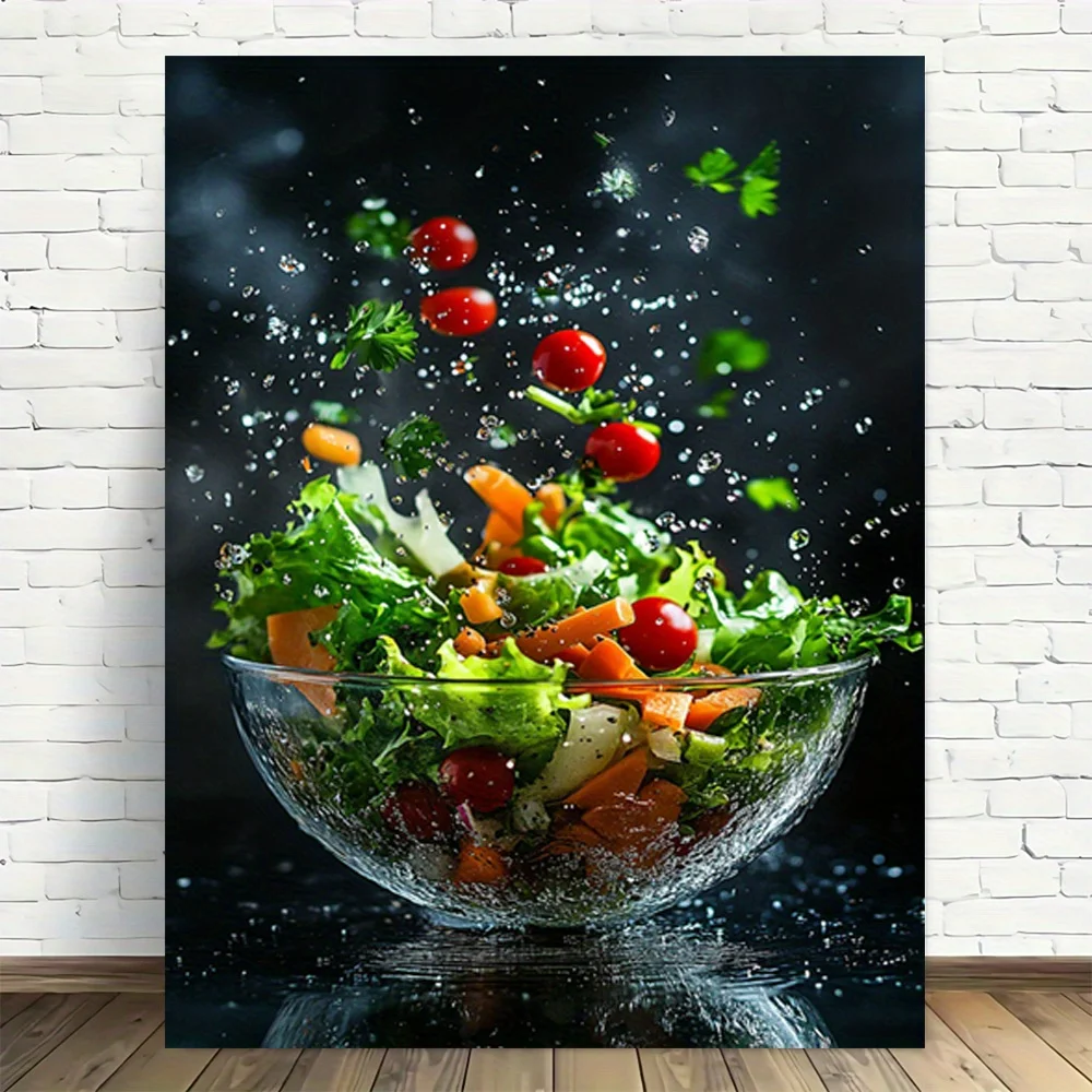 2D Flat 1pc Fresh Salad with Water Droplets Frameless Canvas Painting - Modern Vintage Design, High-Quality Printed Poster, E