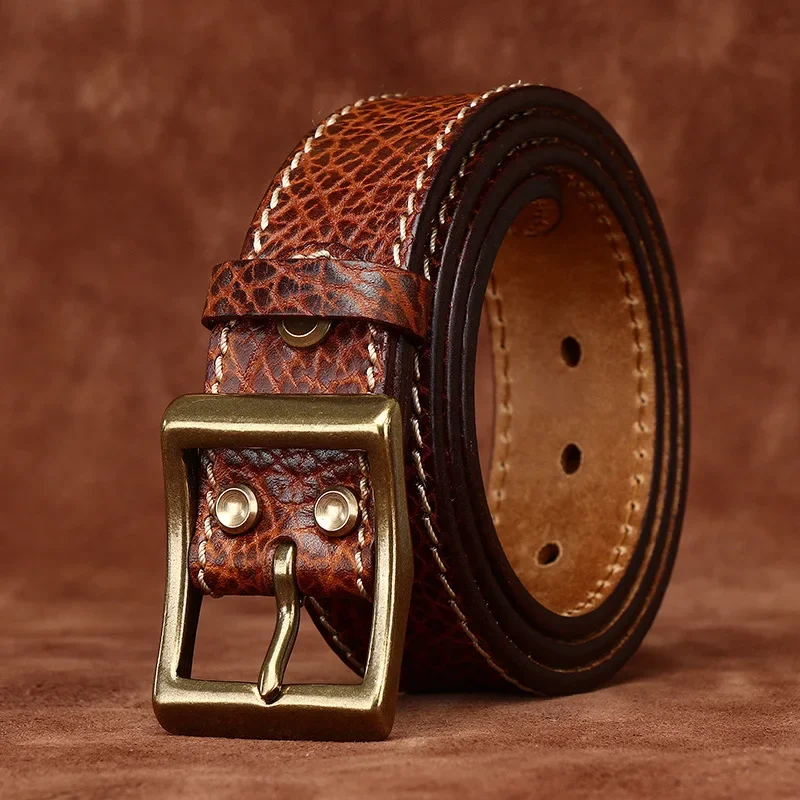 3.8CM thick cowhide embossed brass buckle genuine leather casual jeans belt men's high quality belt