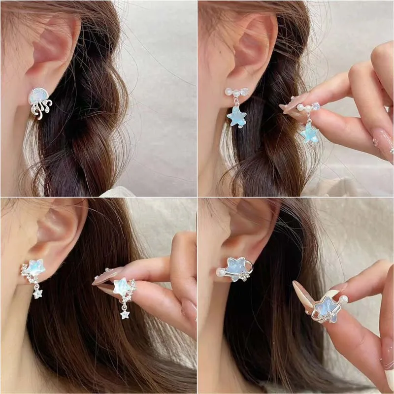 Exquisite Blue Crystal Star Bowknot Moon Stud Earrings For Women Fashion Sweet Shell Starfish Earrings Aesthetic Y2K Jewelry