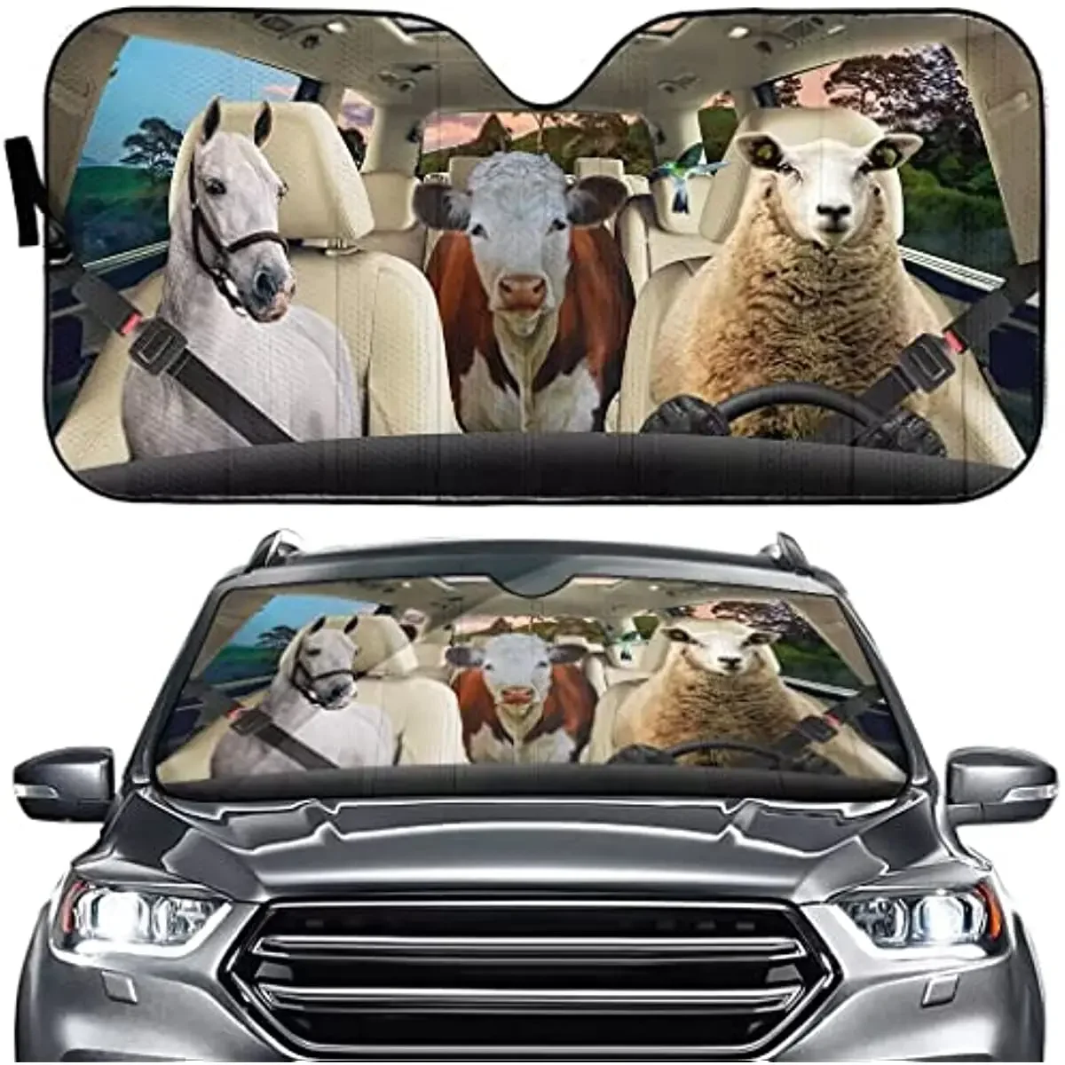 Car Window Shades for Front Window Sunshade Funny Animal Windshield Sun Shade Foldable Cow Sheep Auto Sunshield Horse Visor