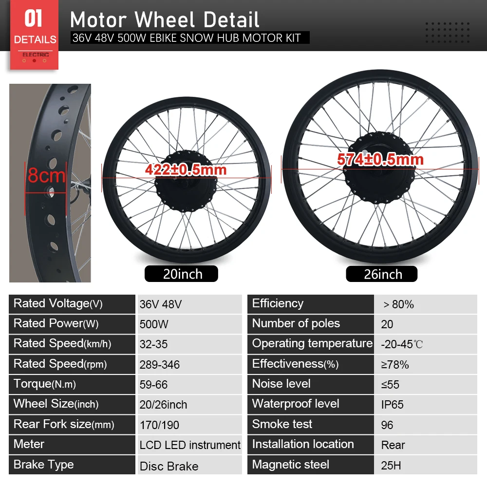 Snow Electric Bike Conversion Kit 36V48V 500W 4.0Tyre Brushless Rear Hub Motor Wheel for ebike Fat Tire Motor Kit  20/24/26inch