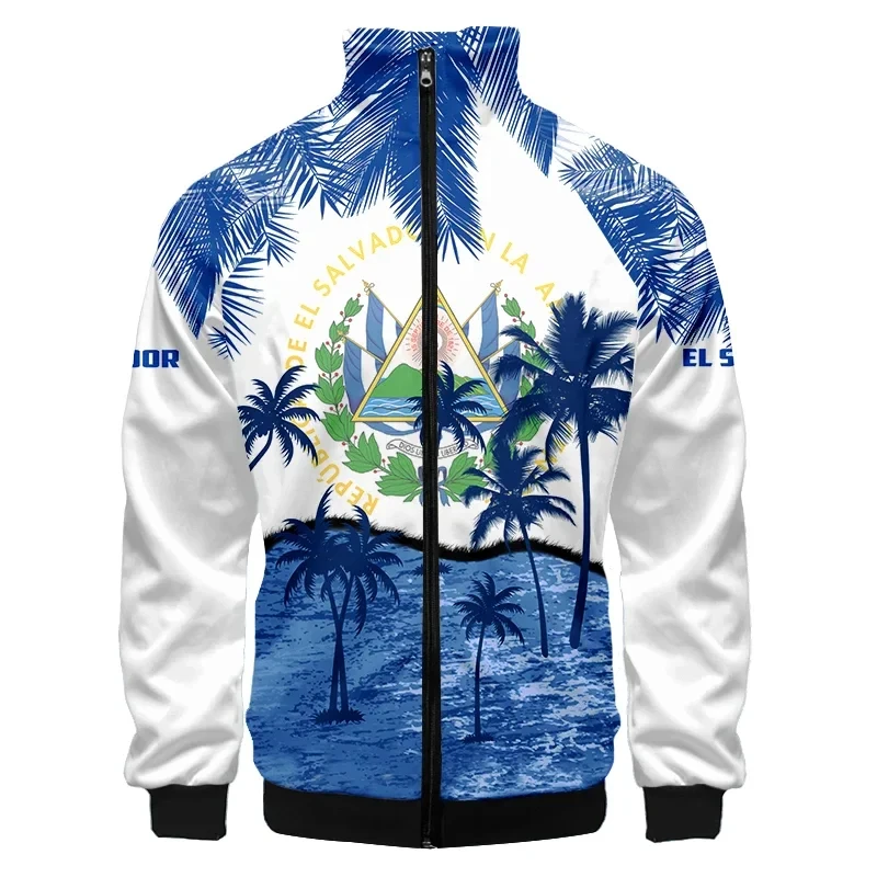 3D El Salvador Flag Jacket Men Casual Long Sleeve Jacket Costs Fashion Stand Collar Zipper Sweatshirt Sportswear Top Clothes