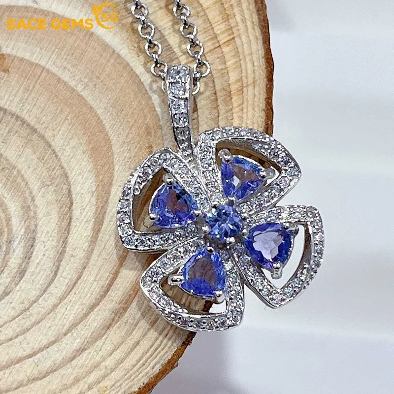 

SACE GEMS Luxury 925 Sterling Silver 4MM Natual Tanzanite Pendant Necklaces for Womne Two Ways To Wear It Fine Jewelry Birthday