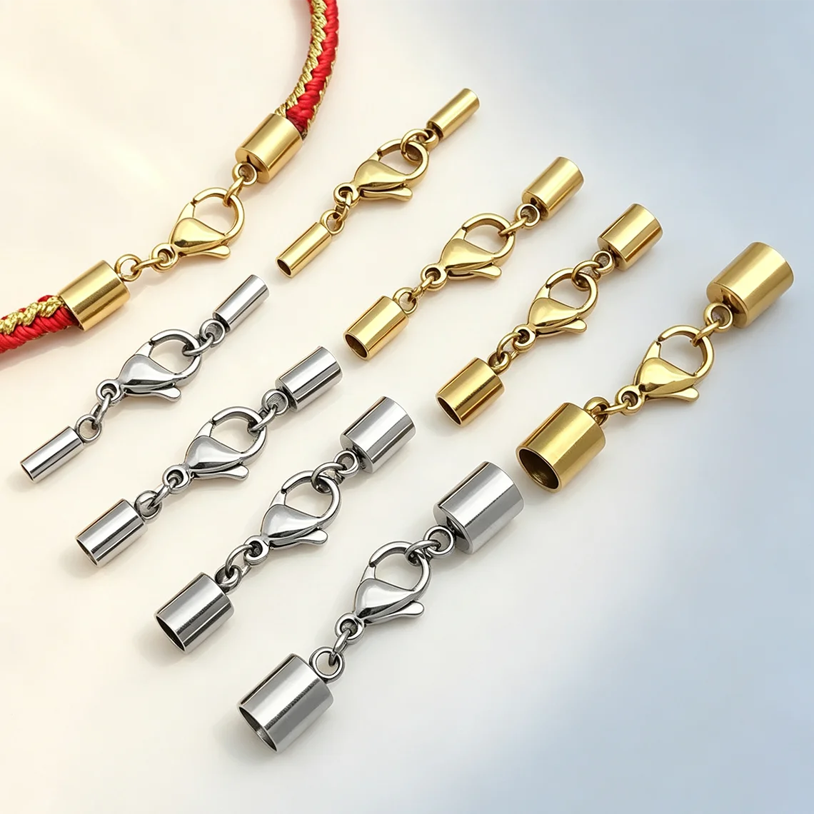10er-Set/Lot Edelstahl-Endkappen mit Karabinerverschluss, 3/4/5/6 mm, Kordelendverschlüsse für Armbänder, Halsketten, DIY-Zubehör – Detail 3