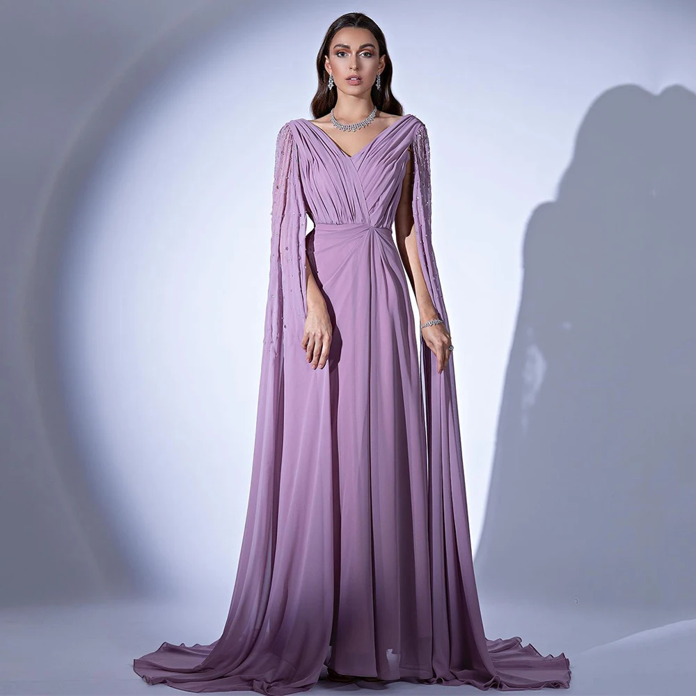 Lilac Prom Dress Saudi Evening Dresses 2024 V Neck Long Sleeve Cape Pleat Beading Sequined Floor Length Chiffon Party Gowns