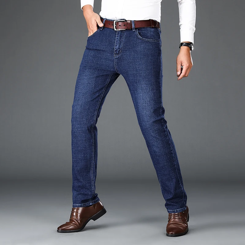 Washed stretch jeans men's business wear mid-waiststraight-leg denim fabric casual pants pure colorpants
