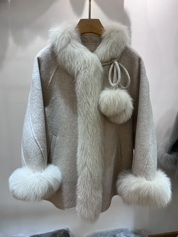 2025 Women Real Fur Coat Natural Fox Fur Collar Cuffs Cashmere Wool Woolen Jacket Outerwear Winter Ladies Cusual Outwear