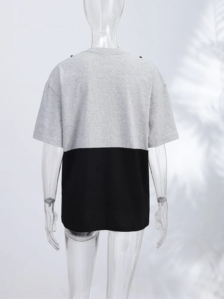 Spitzen-Patchwork T-Shirt mit Fake-Zweiteiler-Effekt für Damen, Eleganter Rundhalsausschnitt, Kurzarm, Locker Geschnittenes Oberteil, Frühlings-Chic, Neue Club- und Partykleidung – Detail 13