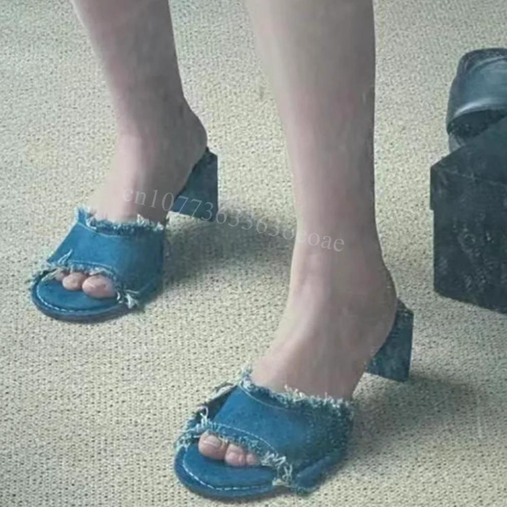 

Denim Fabric Comfortable Slippers Open Toe Shoes for Women Chunky Square Heels Sexy Shoes for Summer 2024 Zapatos Para Mujere