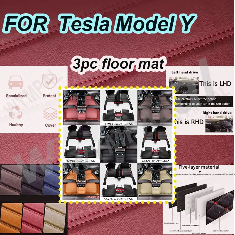 

LUXURYCustom Car Floor Mat for Tesla Model Y 2021 2022 Carpet Durable Leather Phone Pocket 100% Fit for Your Car