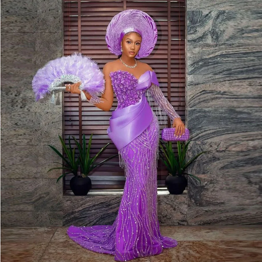 Luxury Beading Aso Ebi Style Prom Dresses Mermaid Long Purple Appliques Evening Dress Nigerian African Women Formal Party Gowns