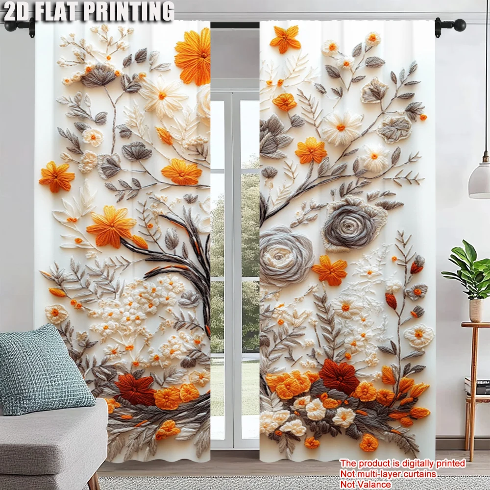 

2Pcs Floral Leaf Print Curtains Rod Hole Design Polyester Perfect For Living Room Bedroom Kitchen Elegant Home Decor