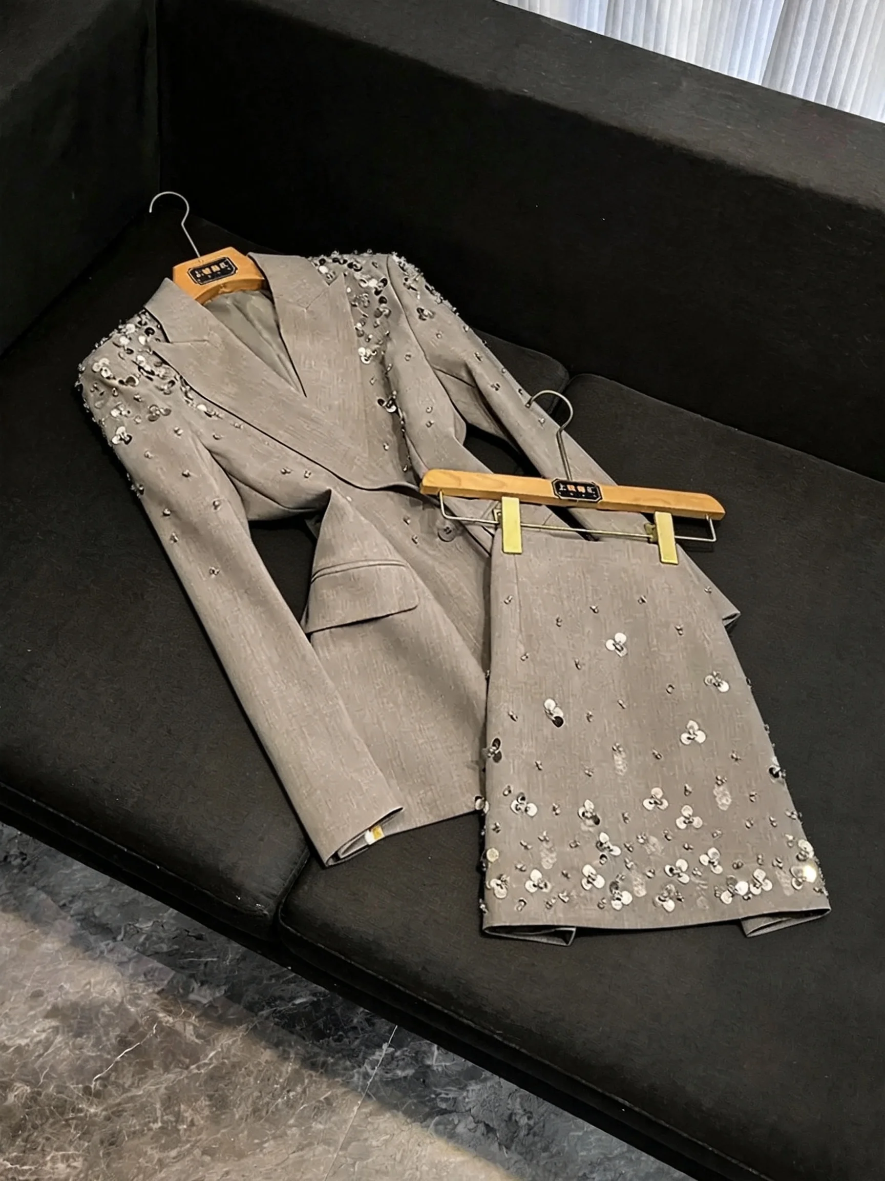 Glittering Heavyweight Suit Set Women's Grey Two-Piece Fashionable Elegant Style Autumn Collection High Waist Pants Button up