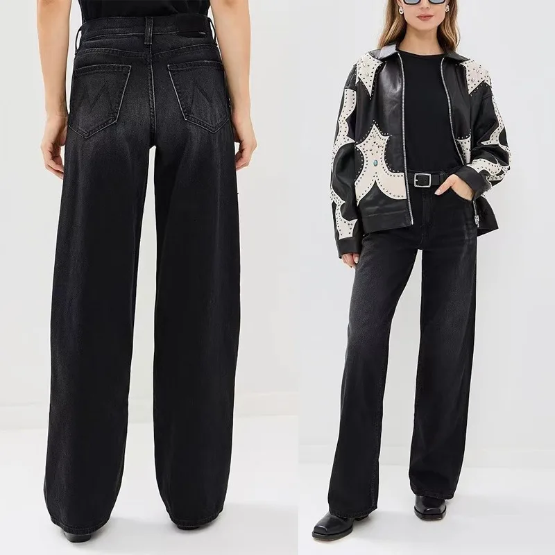 

Spring 2025 New Black Gray High Waisted Non Elastic Wide Leg Straight Denim Pants for Women Jeans