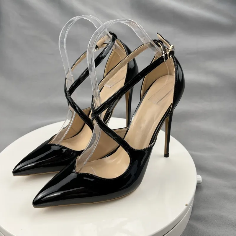 Tikicup Glossy Black Cross Strap Women Pointy Toe High Heel Shoes Front V Cut Stiletto Pumps for Party Colors Customize