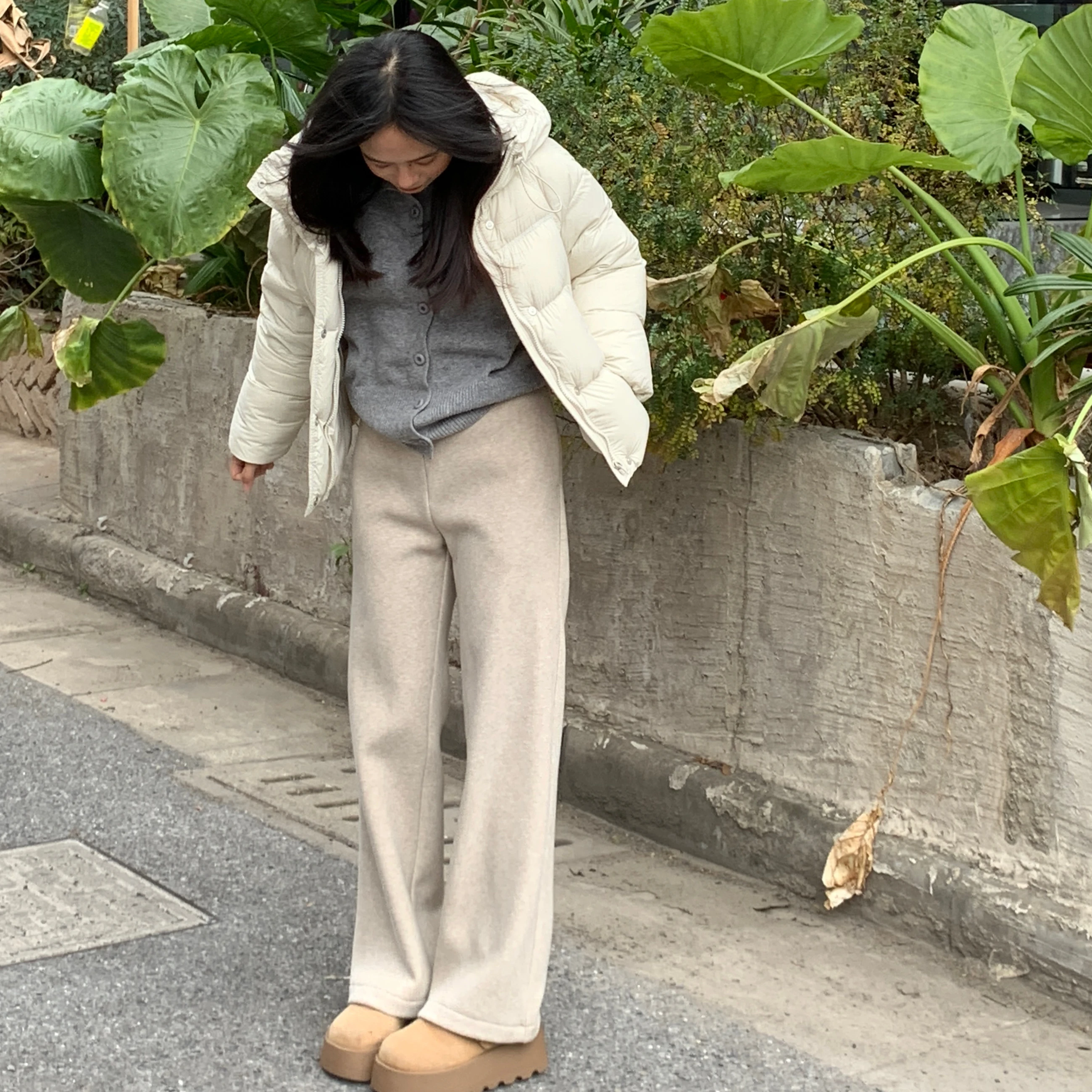 

Брюки прямого кроя с флисовой подкладкой, высокой талией, из полиэфирного волокна, повседневные, для женщин, маленький размер, в корейском стиле