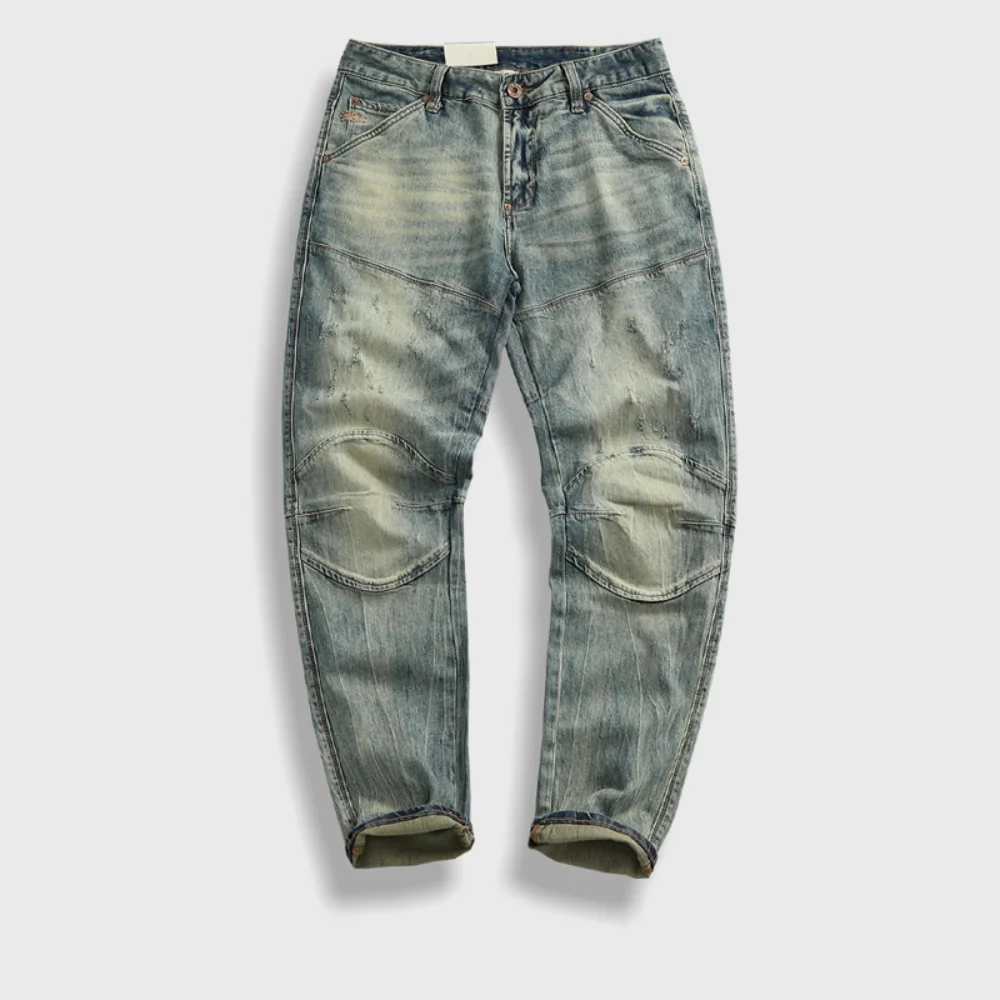 3D Stereo Cut Motorcycle Jeans Men Slim Straight Pants Heavy To Do Old Washed Stretch Denim Pants Tide