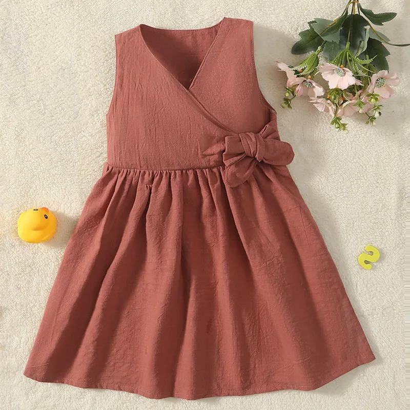 Baby Girls Summer New Sleeveless Clothes Toddler Linen Casual Dress Vacation Beach Style Belt Dresses Kids 1st Birthday Costume