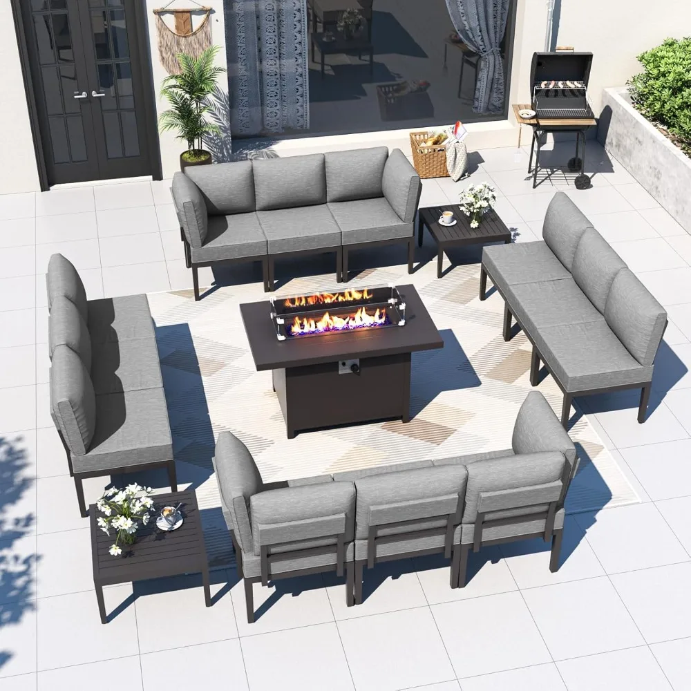 

15 Pieces Outdoor Conversation Set w/45in Propane Fire Pit Table, Patio Sectional Sofa w/5in Cushion, Garden Furniture Sets