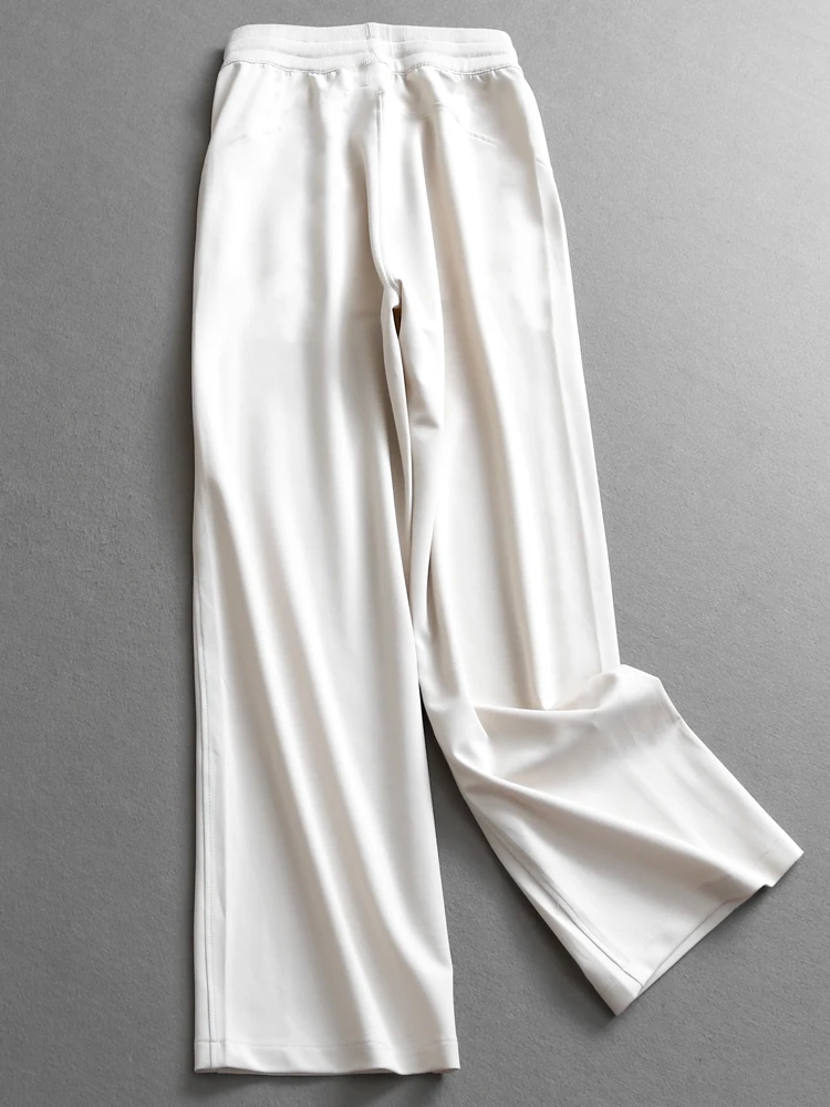 Soft Loose Straight Leg Pants Women's High Waist Wide Leg Casual Trousers Pure Color Cuffed Drawstring Elastic Waist Thin
