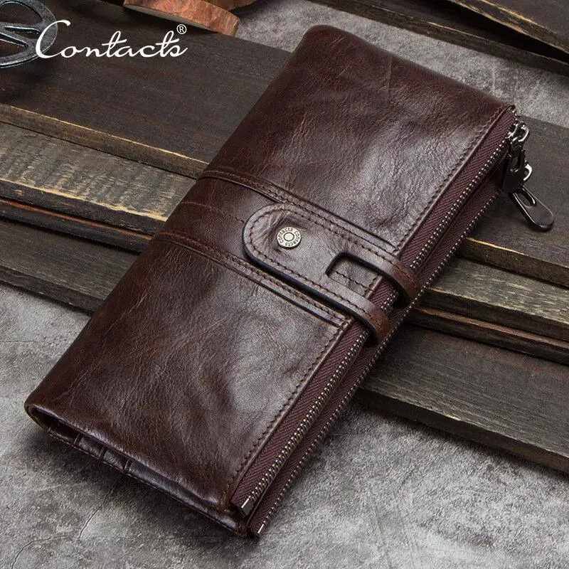 CONTACT\'S Men Clutch Wallet Genuine Leather Long Wallet Hasp Card Holder Vintage Male Zipper Coin Purse Money Bag Portemonnee