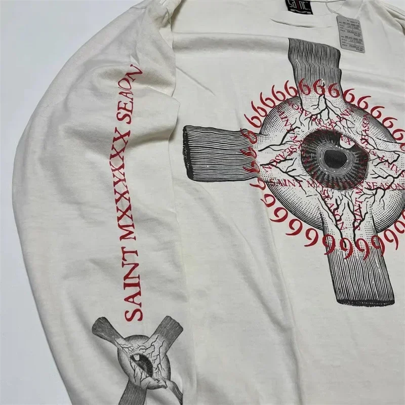 24ss Oversized SAINT MICHAEL Pullovers Cross Print Washed White Oversized Long Sleeved T-Shirts