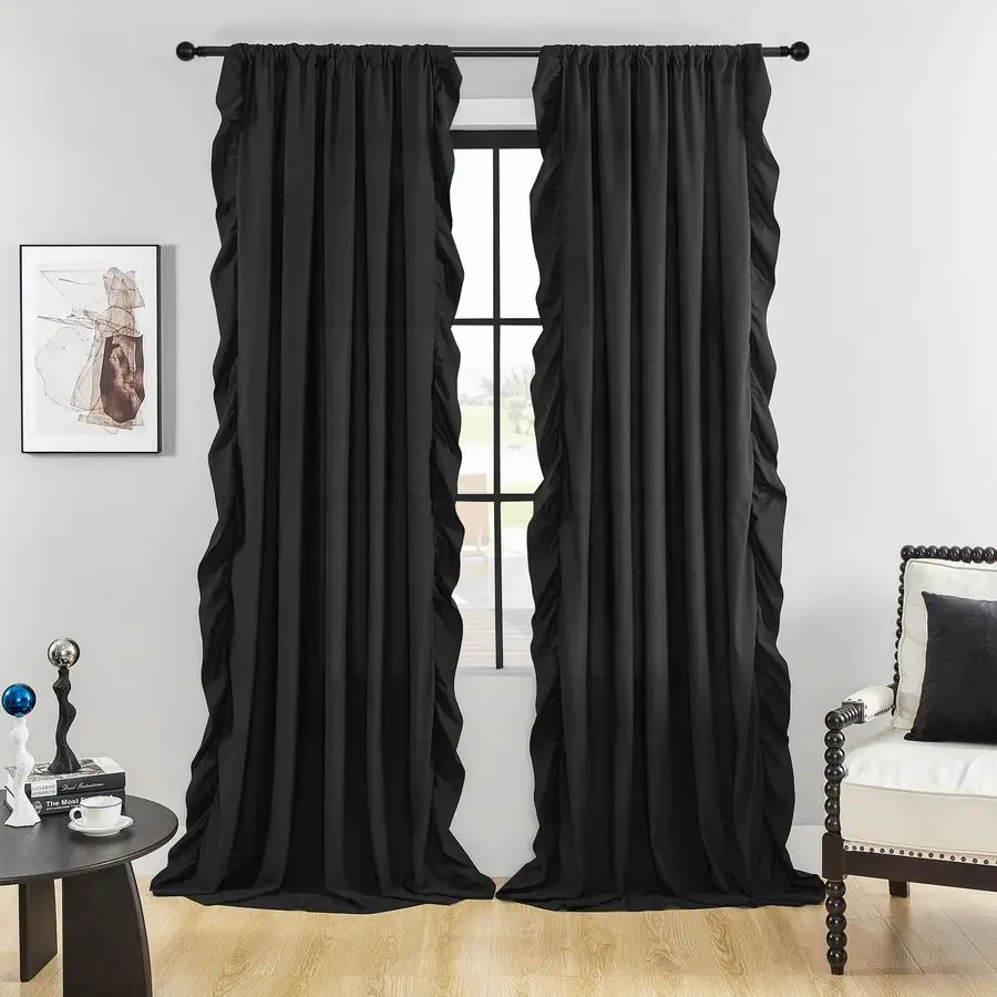 

Двухслойные шторы с оборками, длина 274 см, комплект из 2 панелей, для гостиной и спальни, с креплением на штангу, в стиле винтажный готический, затемняющие, в пол