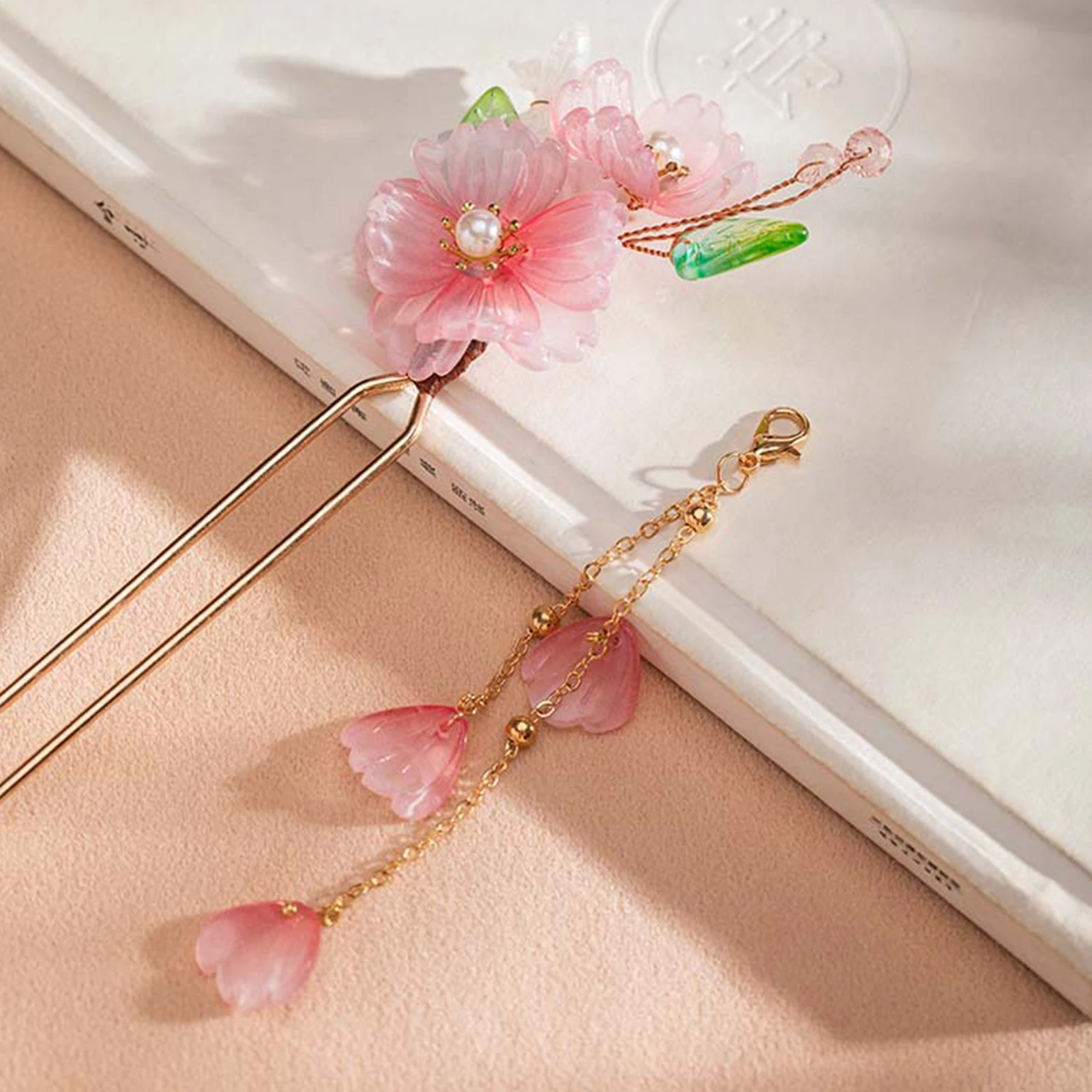 Horquilla de flor rosa, palillo para el pelo con borla china, Tiaras Vintage en forma de U, moño para el pelo de boda Retro, joyería, tocado de hada