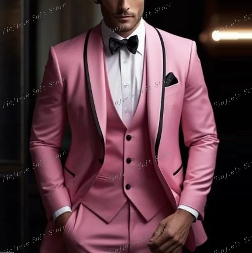 Pink Satin Men Business Prom Perform Suit Groom Groomsman Wedding Party Formal Occasion Tuxedos 3 Piece Set Jacket Vest Pants