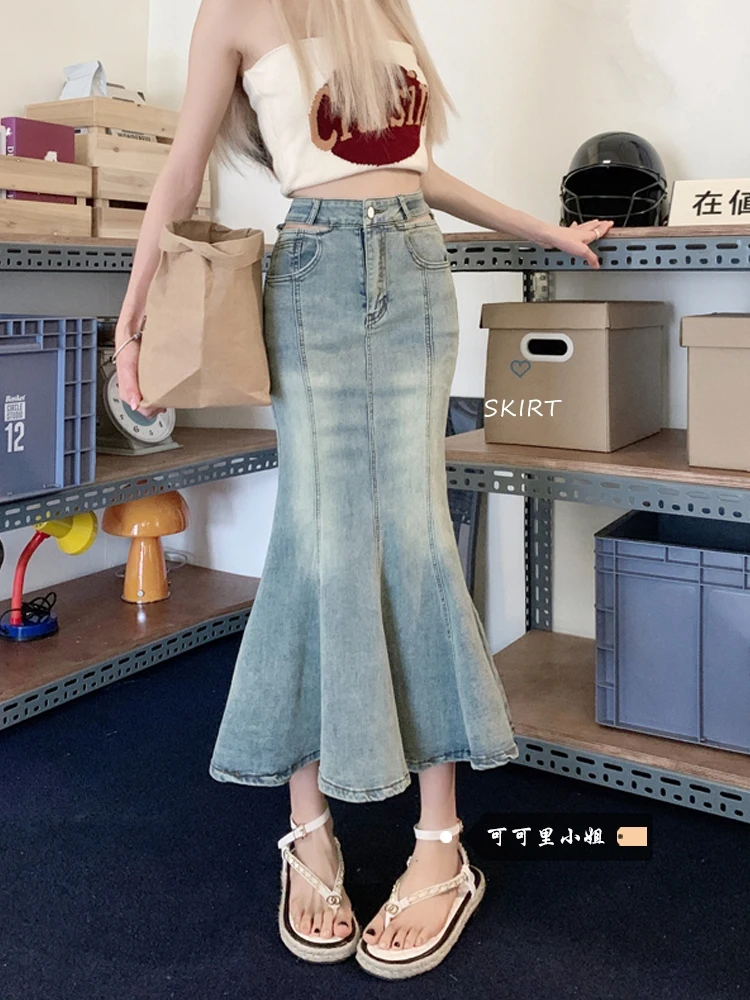 

Women Blue A-line Denim Skirt Vintage Aesthetic Y2k Oversize Jean Skirt Harajuku Korean Long Cowboy Skirts 2000s Clothes Summer