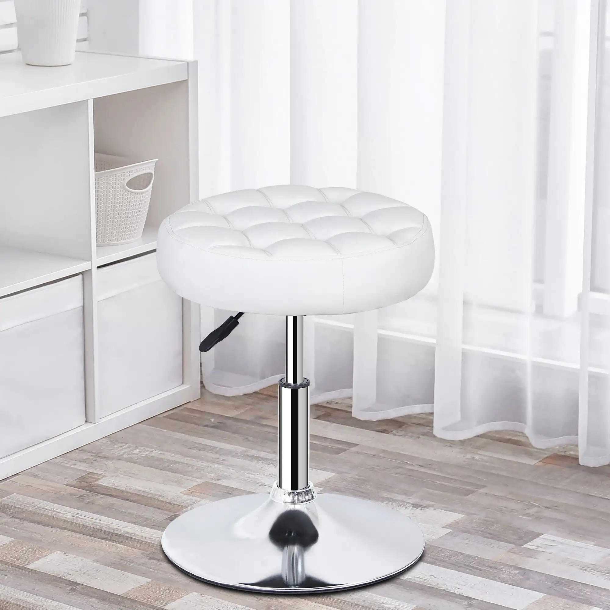 

Adjustable Swivel Makeup Metal Frame Salon Stool Modern Big Size Round Vanity Stool Chair, White