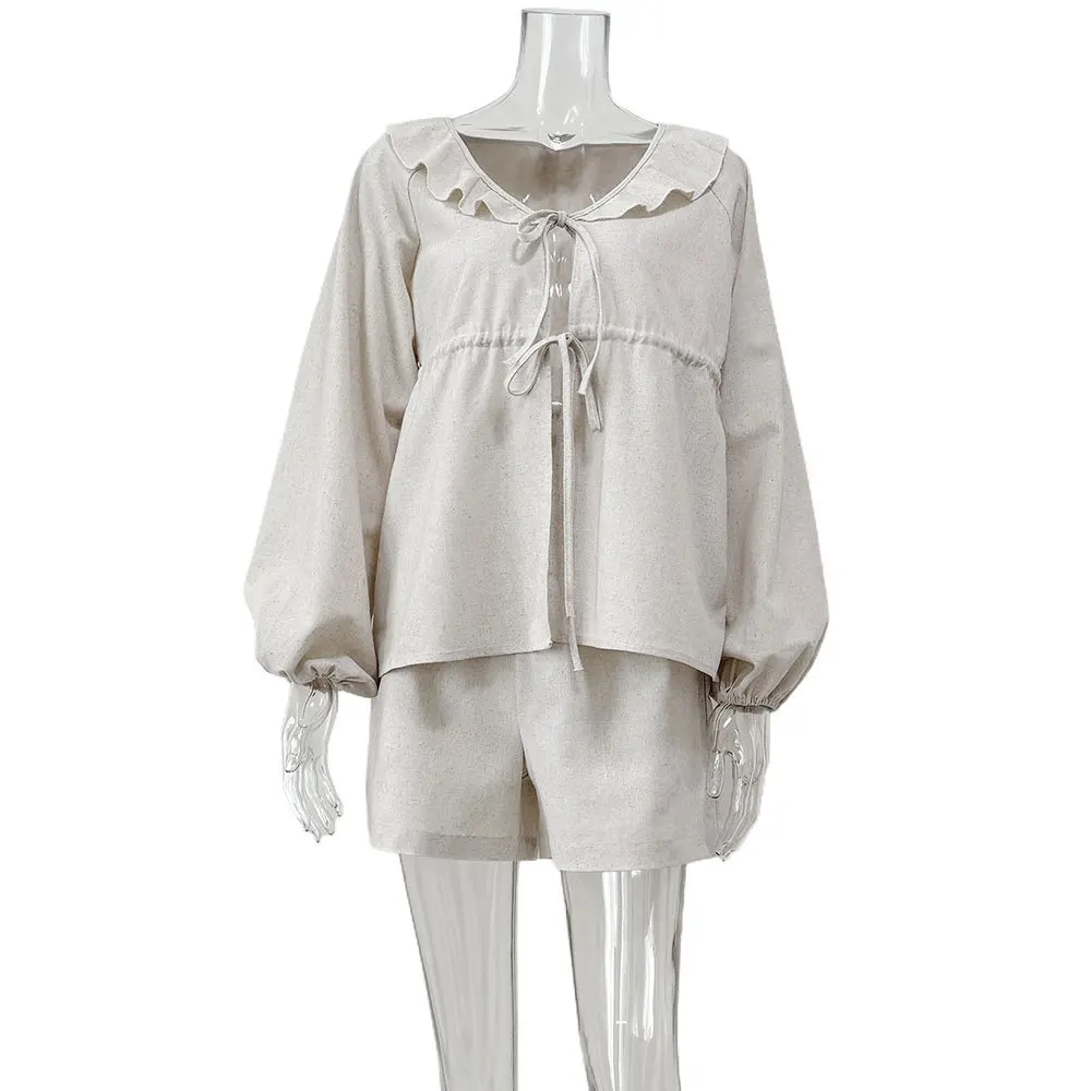 

Повседневный новый модный комплект из хлопка и конопли, топ с v-образным вырезом и рукавами-пузырьками, шорты, комплект из двух предметов