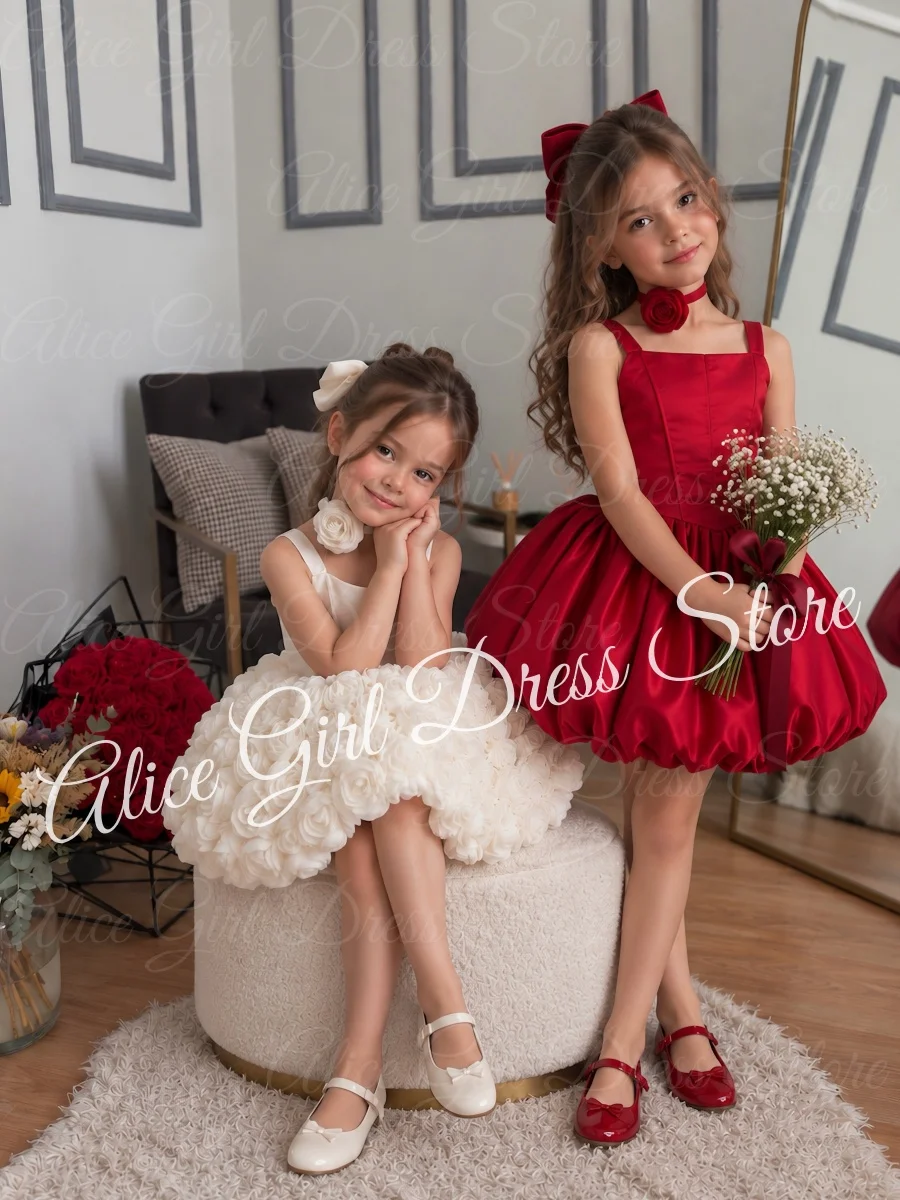Customized Red Satin Flower Girls Dresses for Wedding Suspenders Knee Length Lovely Baby Girl Pageant Dress Party Birthday Gowns