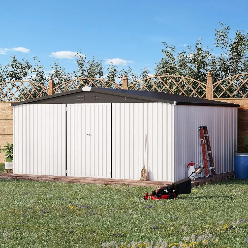 

14x12 Outdoor Metal Storage Shed - Large Garden Shed with Lockable Door for Patio and Backyard Use in White