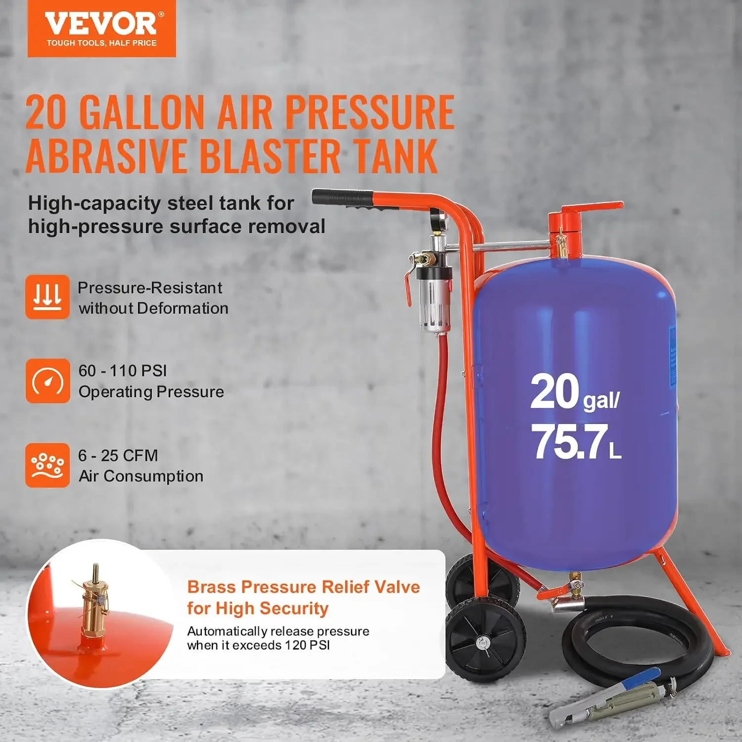 20 Gallon Sand Blaster, 60-110 PSI High Pressure Sandblaster, Portable Abrasive Blasting Tank, Air Sand Blasting Kit with 4 Cera