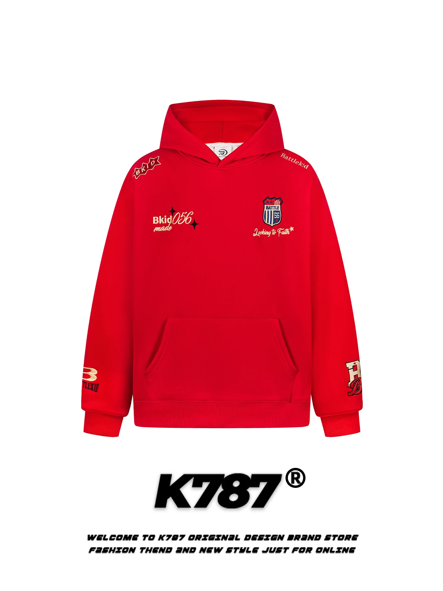 

Куртка-худи K787 в американском ретро-стиле с вышивкой, свободного кроя, повседневная, красная, для пар, молодежная модная верхняя одежда