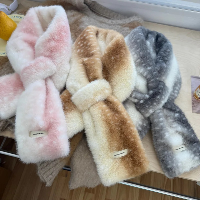Original Cute Deer Velvet Plush Luxury Scarf New Japanese Kawaii Cross Mink Hair Thickened Winter Scarf Cute Half Finger Gloves