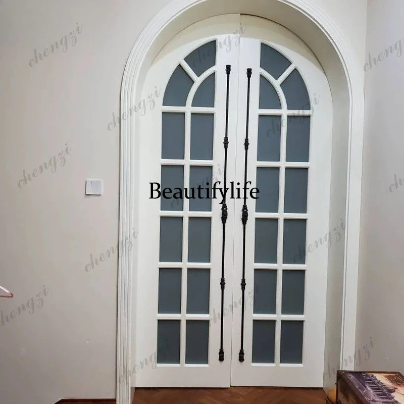 White simple arc arched upper bright window double door household study custom paint with glass folio solid wood door