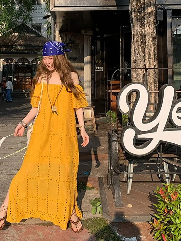 

plus Size Summer New Sle Hollow out oulder Long Dr Women's Loose Fit Ci Commute Korean Version Vaion Casual Dr