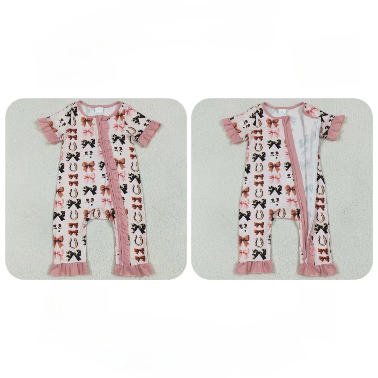 

Оптовая продажа, одежда на молнии с бантиками для маленьких девочек, детская одежда в стиле вестерн, комбинезон с короткими рукавами, боди для новорожденных