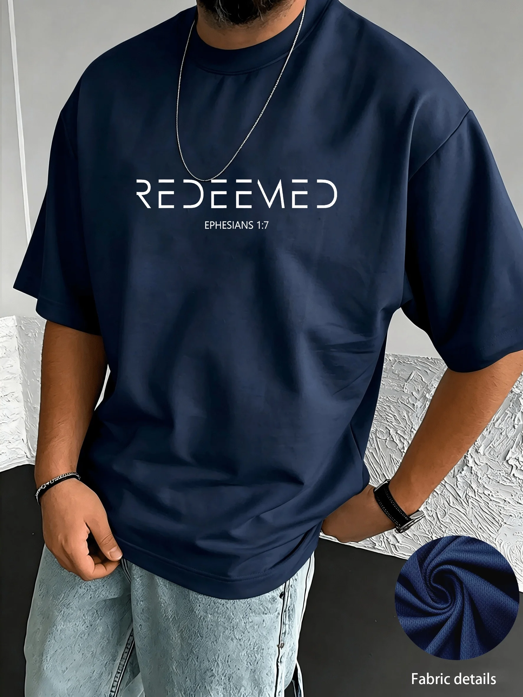 Male 100% Pure Cotton Casual Ephesians 17 Christian Scripture Redemption Loose Round Neck Short-Sleeved T-Shirt Top