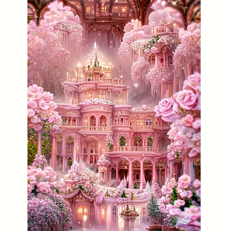 Pink Castle Frameless DIY 2D Diamond Painting Kit, Colorful Diamond Art, Full Artificial Diamond Art, Diamond Painting Craft