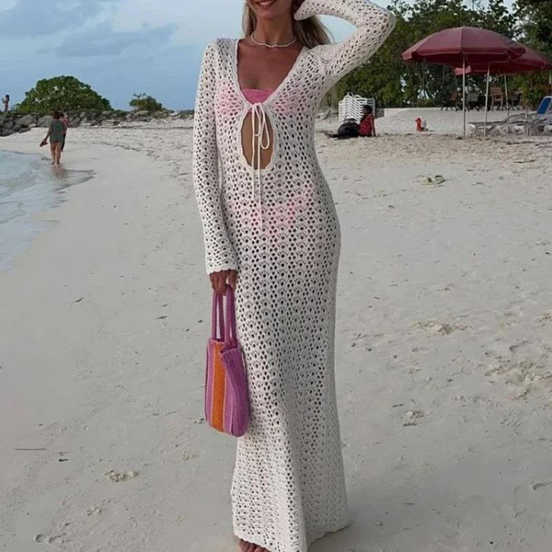 シックな女性固体タイアップ長袖ホットローブドレスセクシーな 2025 バッグヒップパーティードレス女性網タイツ透明ビーチマキシドレス