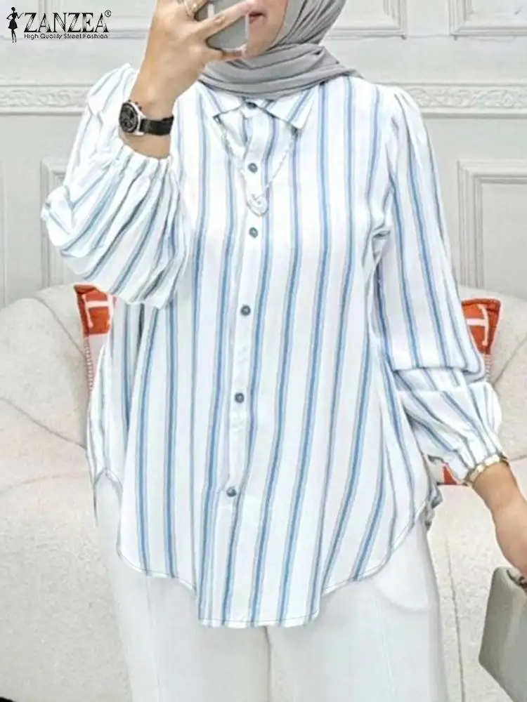 ZANZEA Turn-down Collar Autumn Blouse Striped Rounded Hem Casual Muslim Fashion Shirts Islamic Hijab Women Long Sleeve Camisas