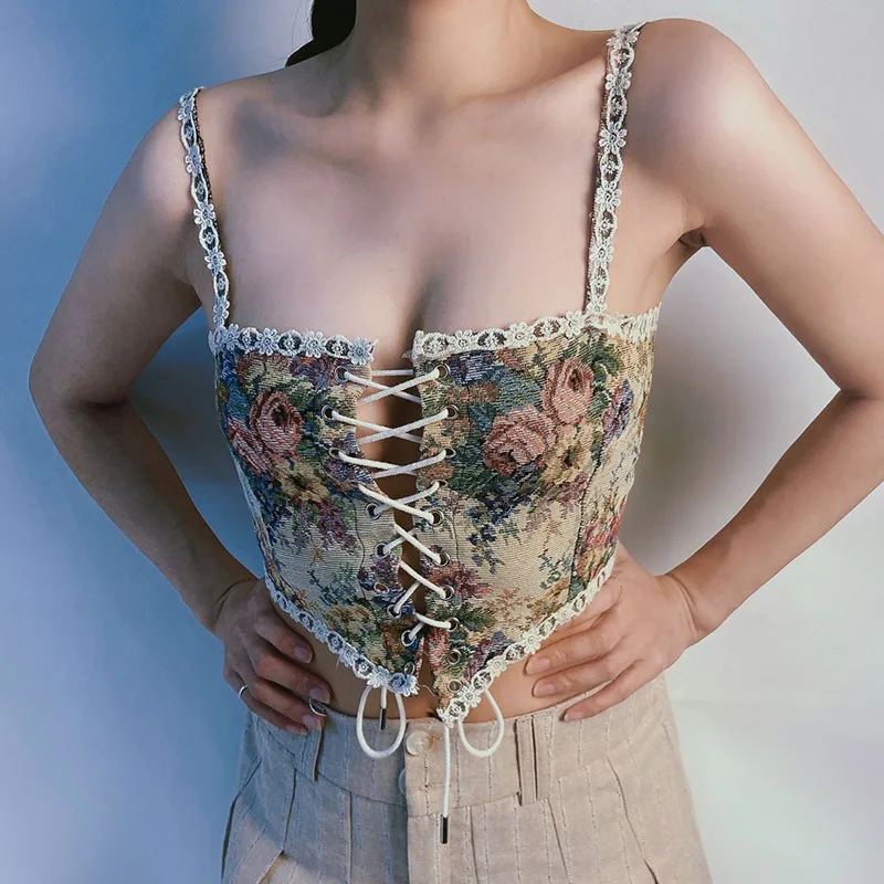 

Women Front Lace-up Bustier Vest Vintage Renaissance Camisole Floral Bodice Slim Overbust Boned Corset Bodyshaper Tops Shapewear