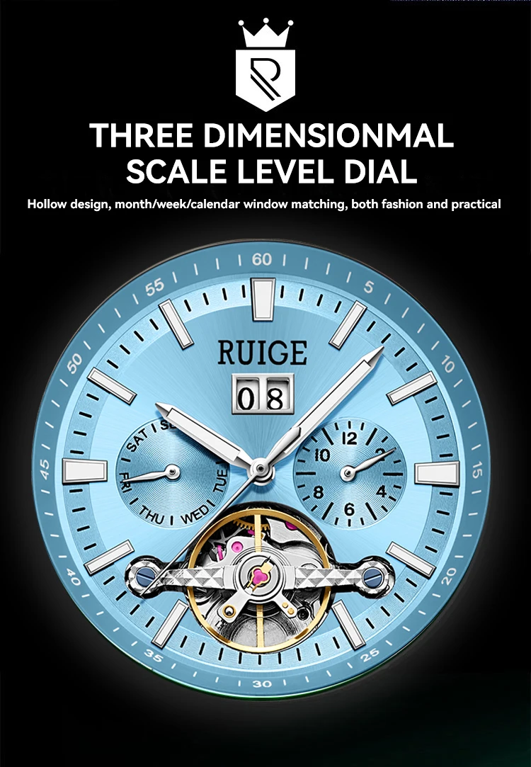 RUIGE Modische Trend-Herrenuhr mit Drei-Zifferblatt-Sechs-Zeiger-Edelstahlarmband, Automatische Mechanische Uhr – Detail 5