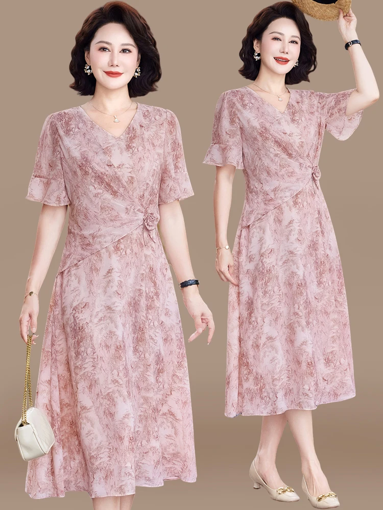 

Ele Midi Summer Dr for Middle-Aged Mothers ort Sve Chiffon Waist-Cinching Skirt Loose Fit V-Ne Floral Print