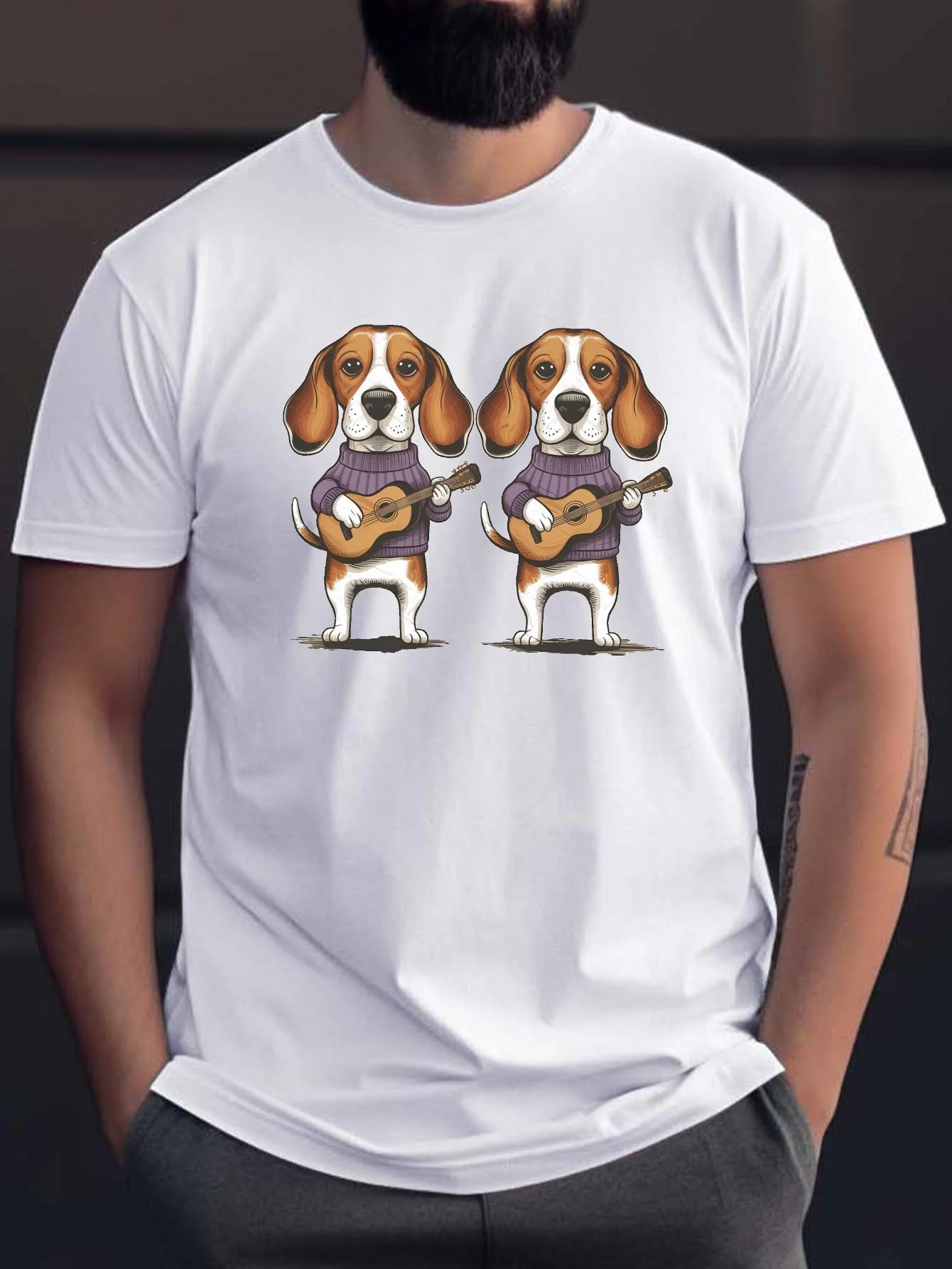 Cartoon Beagle Puppies With Guitar Print Men Short Sleeve Tshirt Music Pet O Neck Tee Dog Fan Casual Male Street Fashion Tops
