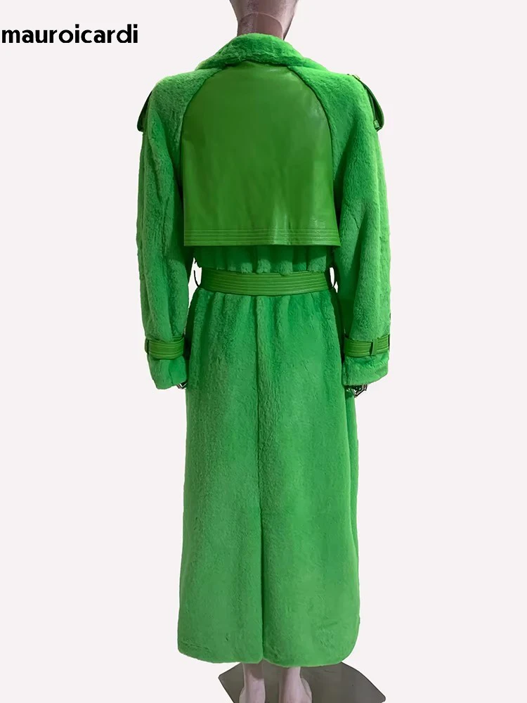 Mauroicardi Autunno Inverno Verde Caldo Morbido Soffice Pelle Pu Patchwork Cappotto di Pelliccia Sintetica Donna Telai Piano Lunghezza Cappotto di Pelliccia Finta